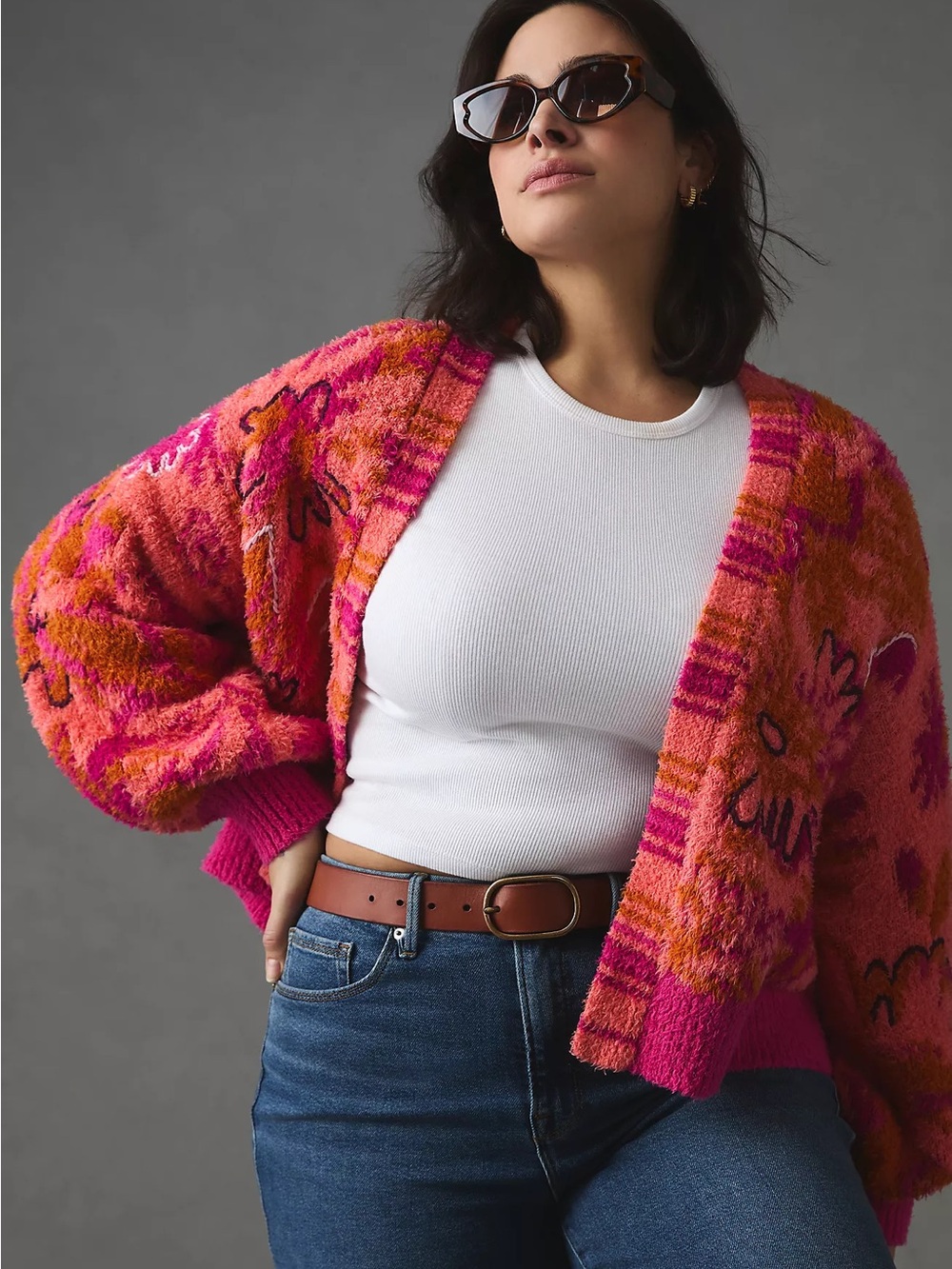 By Anthropologie Embroidered Cardigan Sweater Pink Orange Floral Large